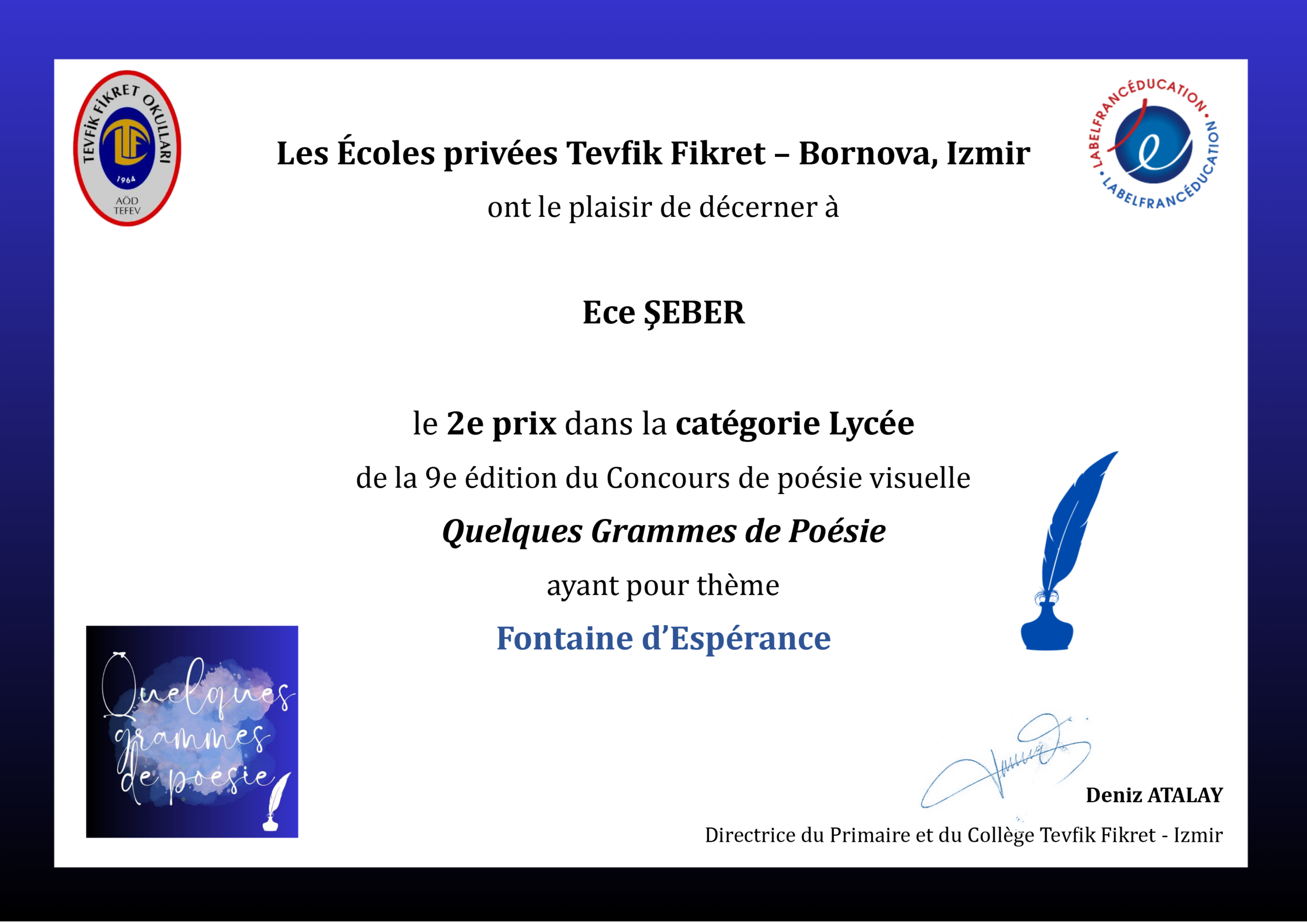 Certificat Lycée 2ePrix Ece ŞEBER